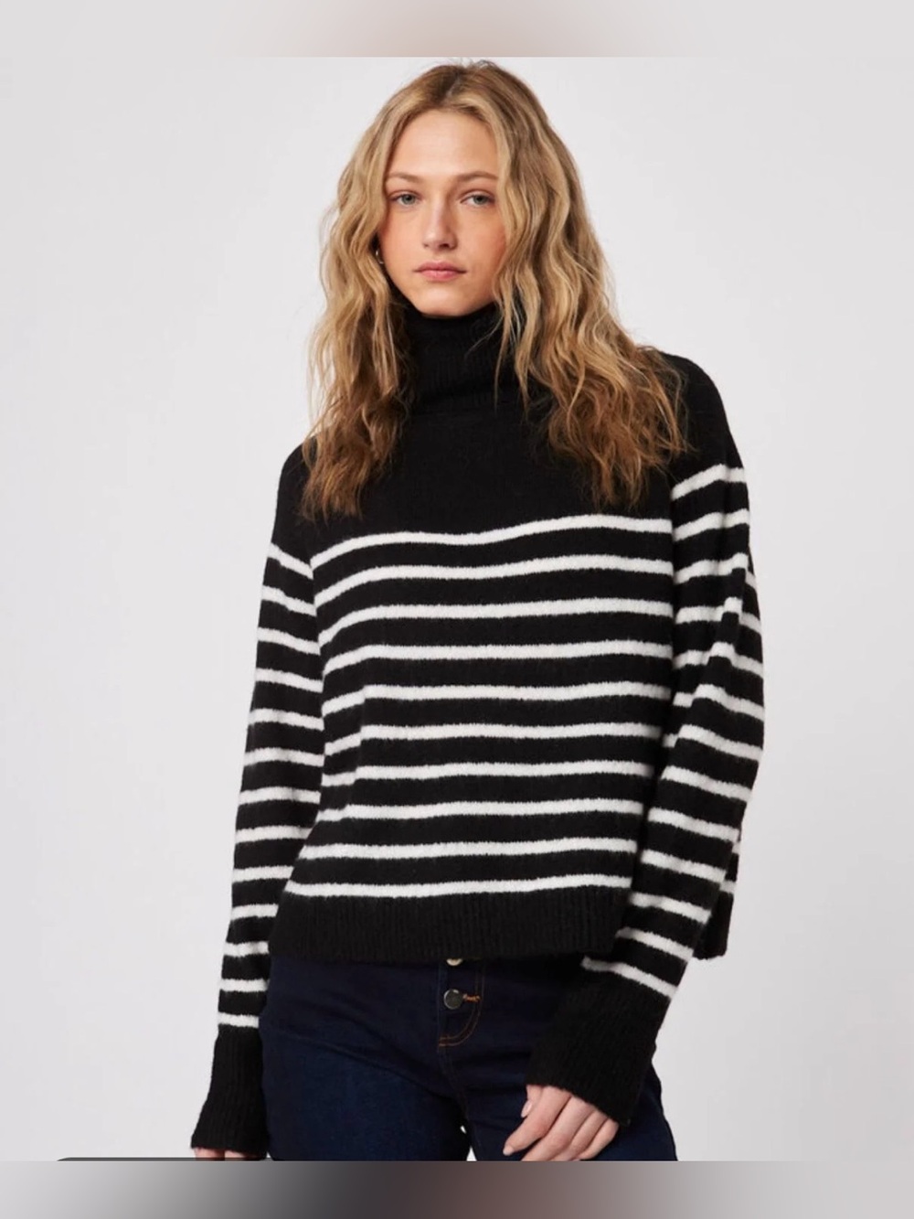 #3166**Chico's Black and White Striped Roll-Neck Sweater